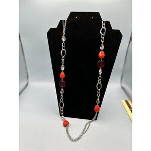 Vintage Red And Clear Acrylic Glass Bead And Silver Tone Necklace 19”
